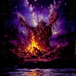image décorative représentant un chaman qui invoque les esprits du feu
